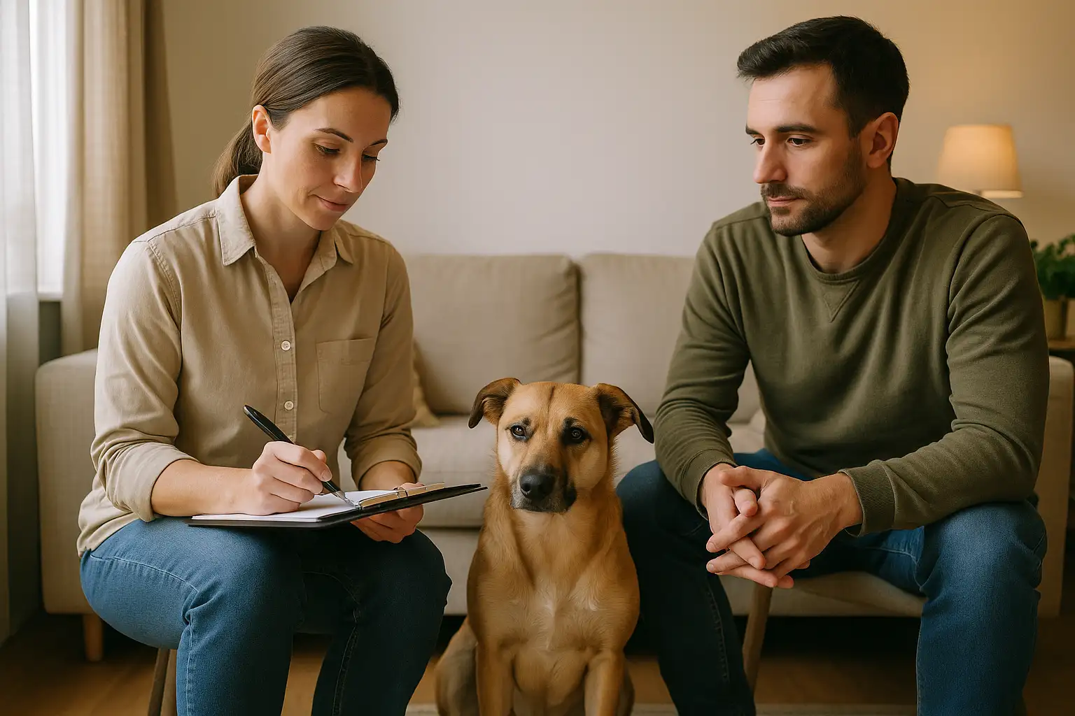 Evaluación inicial de adiestramiento canino en Ciudad Real Adiestrador canino en Ciudad Real tomando notas durante la evaluación inicial con un perro y su tutor en un ambiente cercano y profesional.